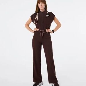 Figs Dark Brown Jumpsuit with Pink Accents